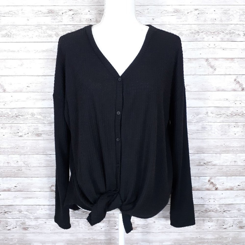 Gibson Womens Top S Tie Front Black 702A